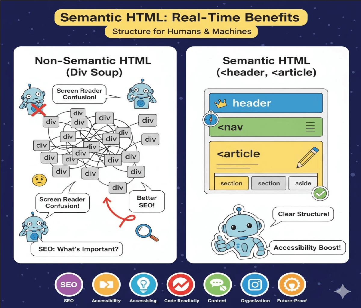 What is the real-time benefit of using semantic tags like <header>, <na<header><nav>v>and <article><article>?</article></nav></header>