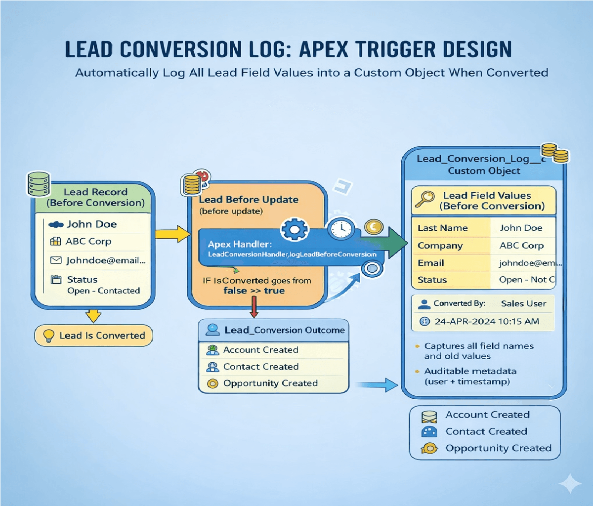 When a Lead is converted, a custom object Lead_Conversion_Log__c should store all field values of the Lead before conversion. What Apex logic could ensure this happens correctly?