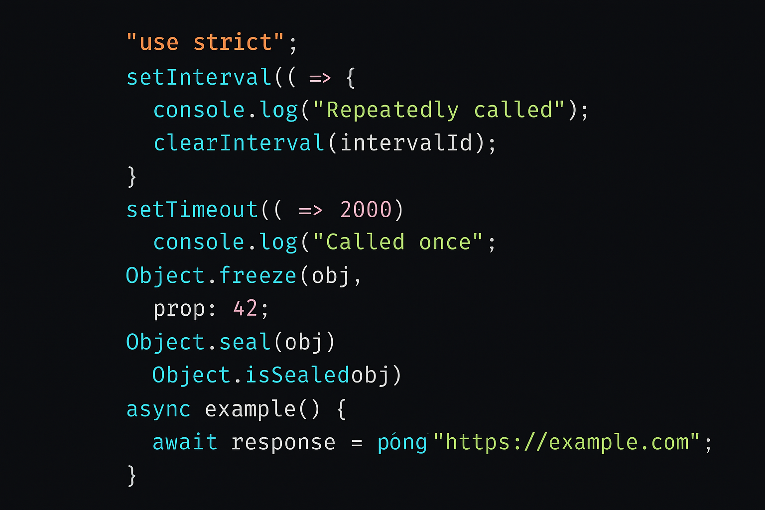JavaScript use of `use strict`, setInterval, clearInterval(), setTimeout, Object.freeze(), Object.seal(), Object.isSealed(), async keyword, await keyword