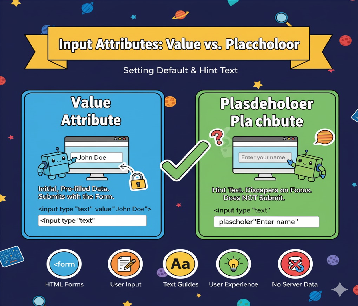 What is the difference between the value and placeholder attributes in an input field?