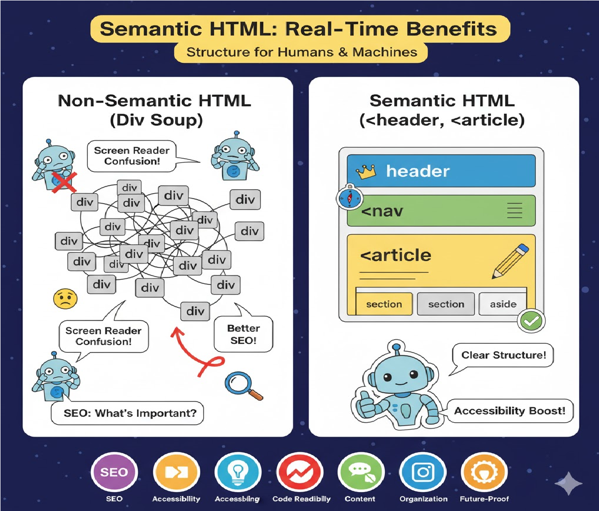 What is the real-time benefit of using semantic tags like <header>, <na<header><nav>v>and <article><article>?</article></nav></header>