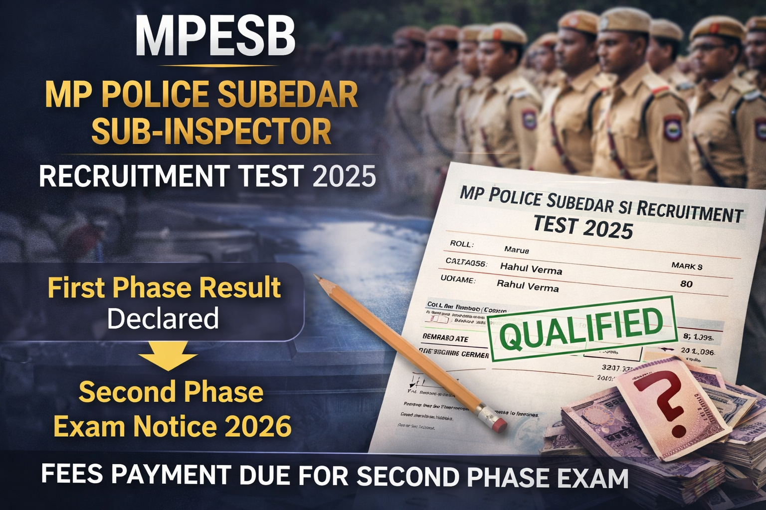 MPESB MP Police Subedar Sub-Inspector Recruitment Test 2025 First Phase Result, Second Phase Exam Notice and Fees payment 2026