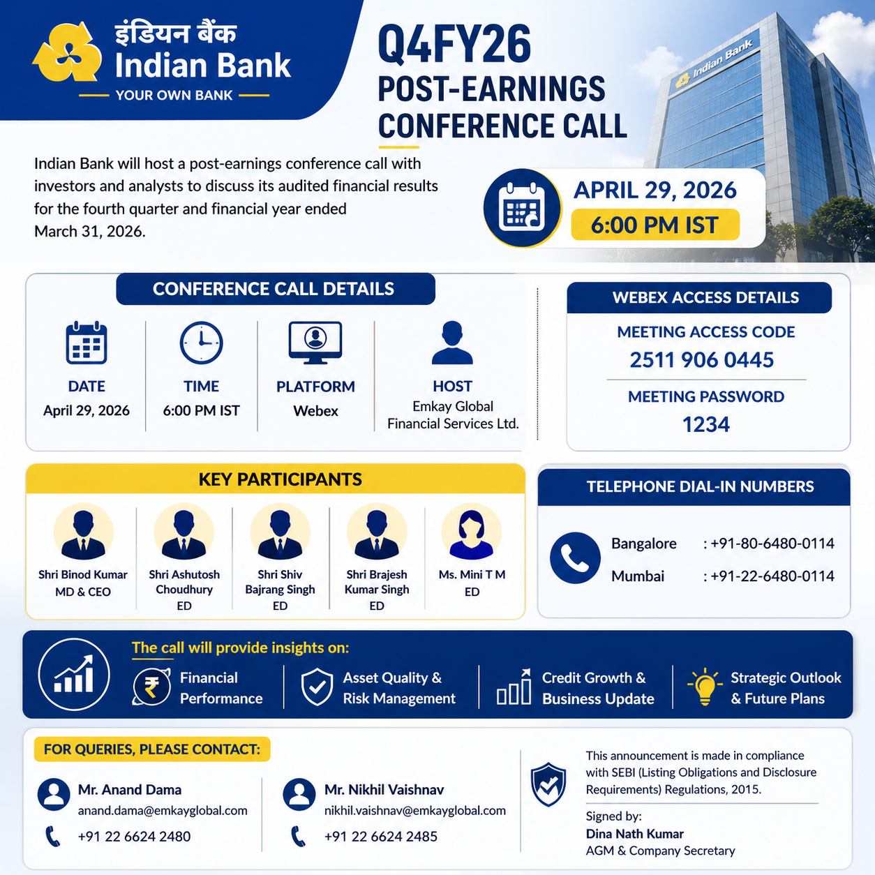 Indian Bank announces its Q4FY26 post-earnings conference call scheduled for April 29, 2026.